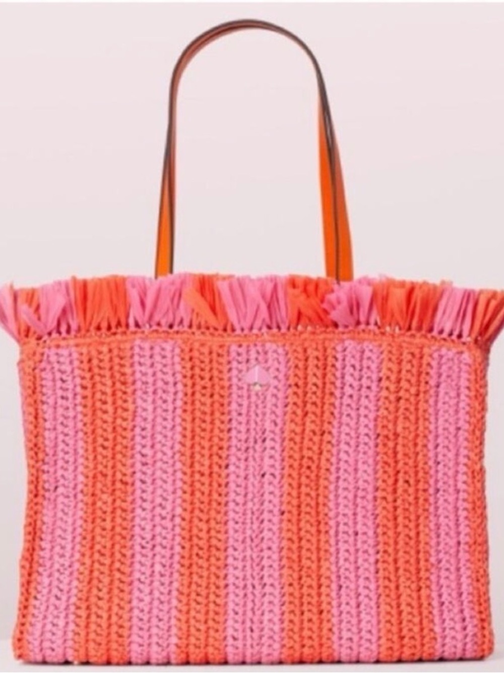 KATE SPADE Straw Sam Stripe Straw Tote Hot Pink Orange Cloth Twill Lining NEW